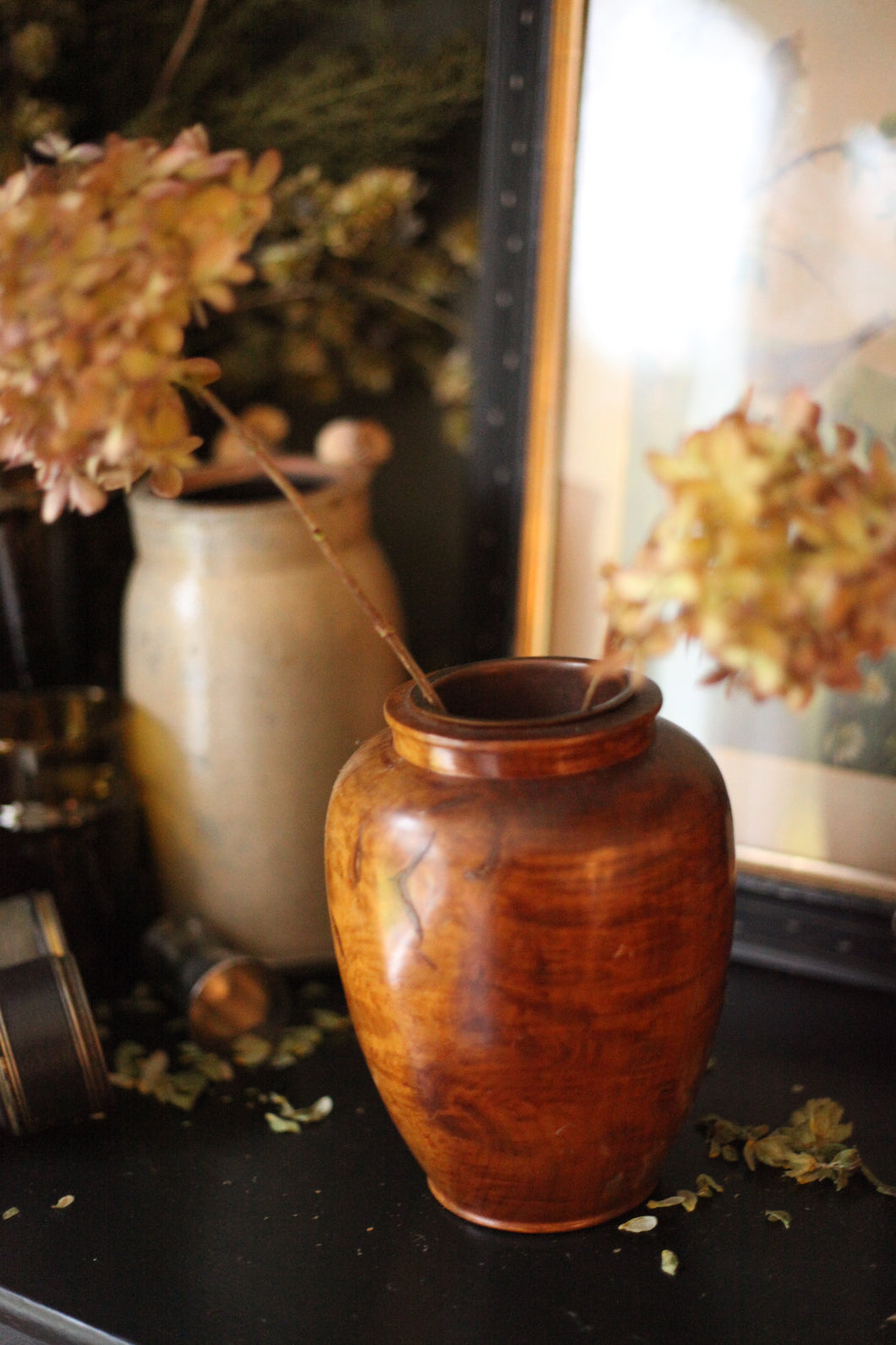 Antique Hand Turned Solid  Burlwood Vase