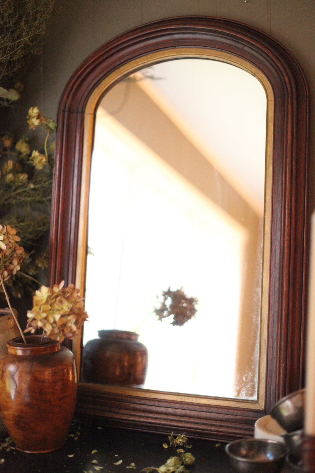 Early Century Mahogany Arched Mirror with Gold Gilt Trim