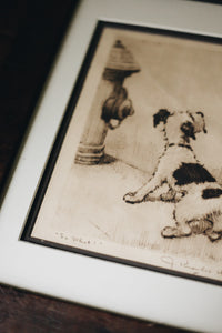Vintage Framed "Dog and Hydrant" Etching